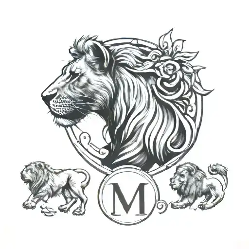 a lioness with the "M" initial and 2 Lion babys with the "R" and "D" initials  tattoo design idea