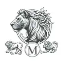 a lioness with the "M" initial and 2 Lion babys with the "R" and "D" initials  tattoo design idea