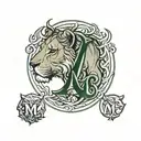a lioness with the "M" initial and 2 Lion babys with the "R" and "D" initials  tattoo design idea