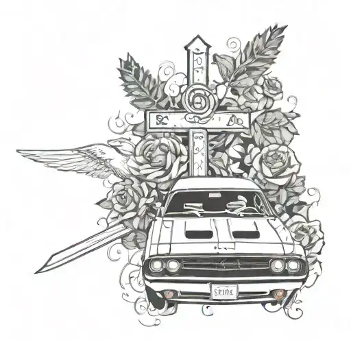 a cross and a dodge challenger with smoke behind it and then a rose and a cardinal and his name Papa  tattoo design idea