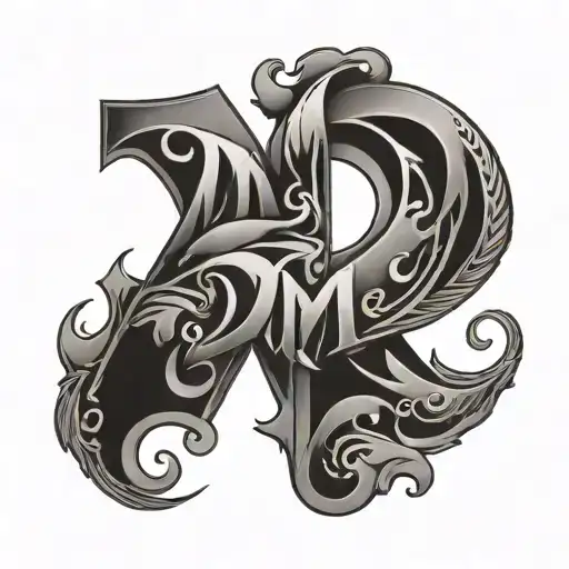 An abstract tattoo combining the letters D and M with a heart symbol in a creative way tattoo design idea