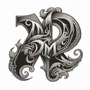 An abstract tattoo combining the letters D and M with a heart symbol in a creative way tattoo design idea