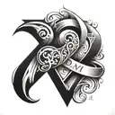 An abstract tattoo combining the letters D and M with a heart symbol in a creative way tattoo design idea