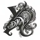 An abstract tattoo combining the letters D and M with a heart symbol in a creative way tattoo design idea