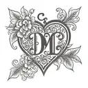 A tattoo of the initials D and M  old school style include a love heart tattoo design idea