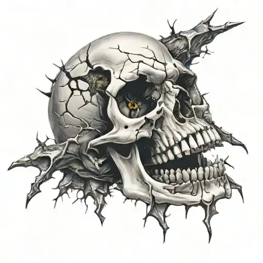 realistic skull with cracks and broken teeth claws tattoo design idea