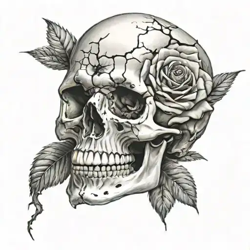realistic skull with cracks and broken teeth and a rose underneath it  tattoo design idea