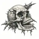 realistic skull with cracks and broken teeth claws tattoo design idea