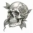 realistic skull with cracks and broken teeth and a rose underneath it  tattoo design idea