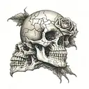 realistic skull with cracks and broken teeth and a rose underneath it  tattoo design idea