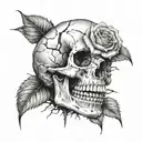 realistic skull with cracks and broken teeth and a rose underneath it  tattoo design idea