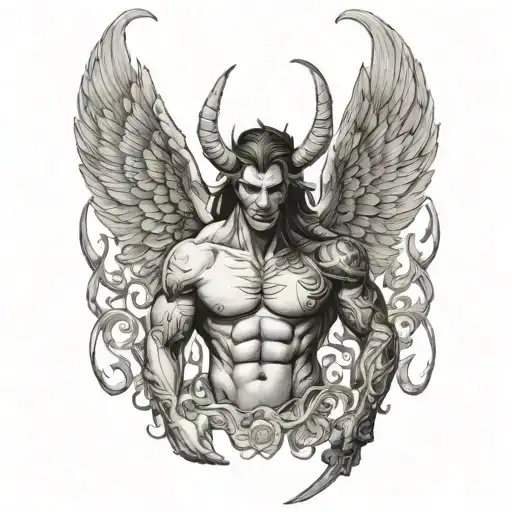  Background fight demons and angels And front on this its a on devil with angel body and face tattoo design idea