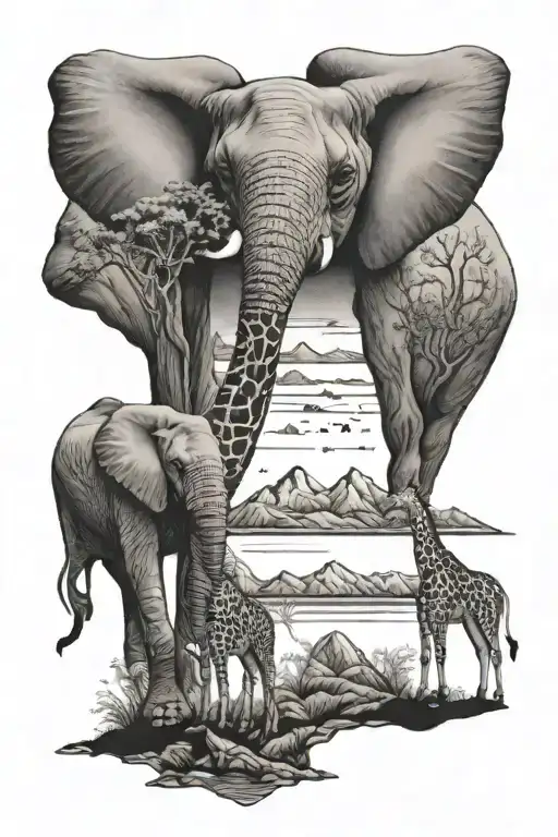 elephant, giraffe, mountain, ocean tattoo design idea