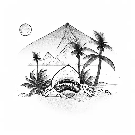Beach, waves, palm trees, mountain peaks, surf board, rattlesnake with mouth open tattoo design idea