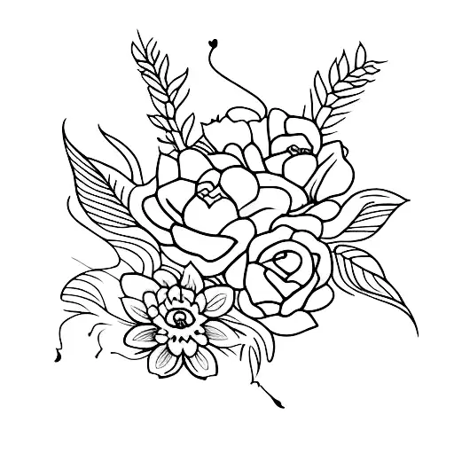different flowers and cat tattoo design idea