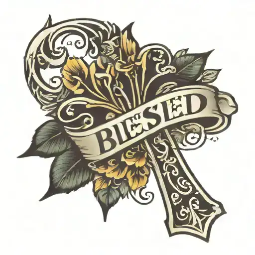 "Blessed" in cursive bold font with a cross tattoo design idea