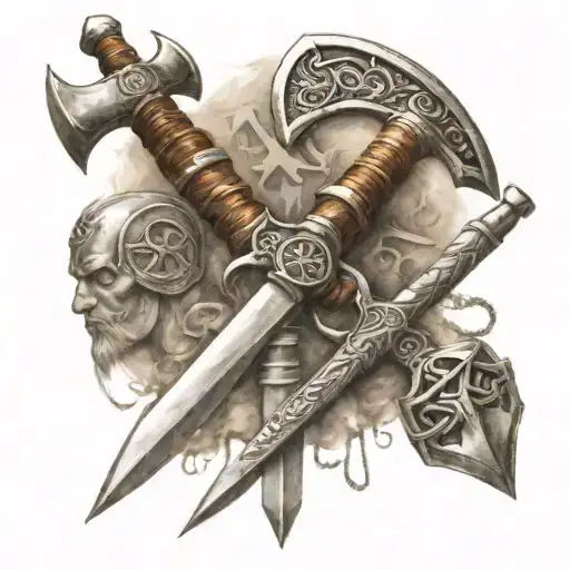 brass knuckles, a stone knife, an arrow, a tomahawk, a long sword, a viking axe, a katana, a spartan spear, a gladius,  tattoo design idea