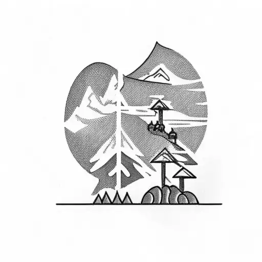 A minimalist tattoo of a silhouette of a hiker standing in front of a cascading waterfall tattoo design idea