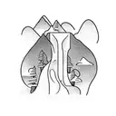 A minimalist tattoo of a silhouette of a hiker standing in front of a cascading waterfall tattoo design idea