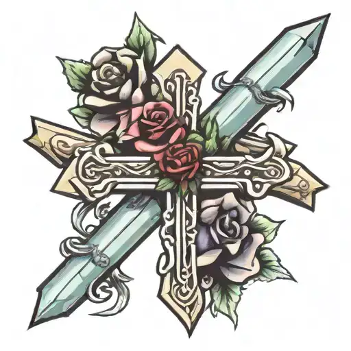 cross of nails with spikes roses intertwined tattoo design idea