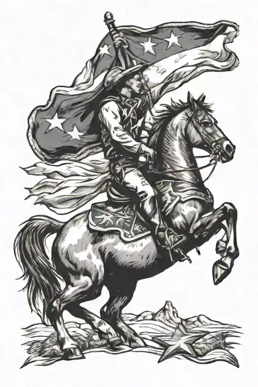 horse with texas flag waving black and white tattoo design idea