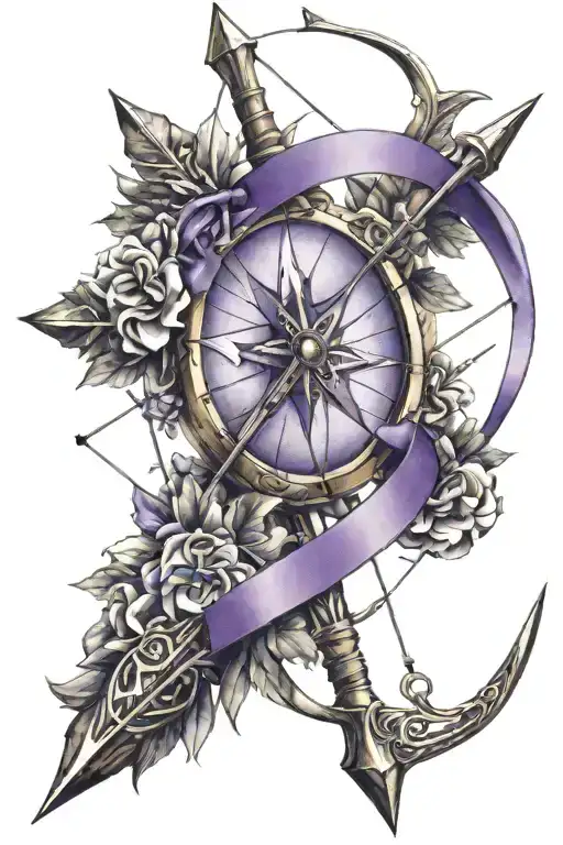 archery arrow wrapped with purple ribbon wrapped tattoo design idea