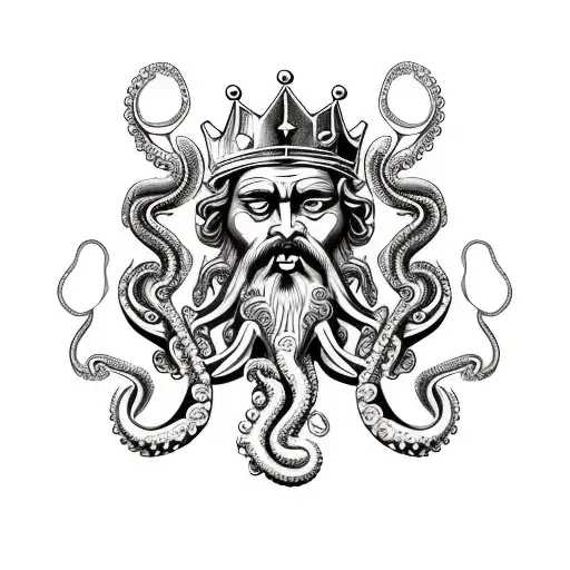 king poseidon with octopus in ocean tattoo design idea