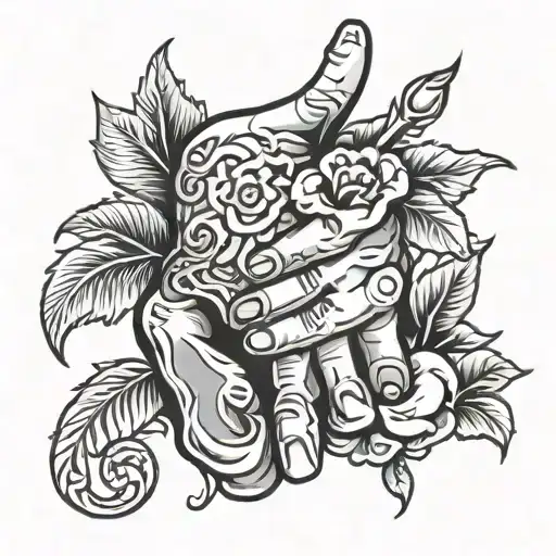 rock hand signal  with vines and flowers intertwined tattoo design idea