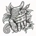 rock hand signal  with vines and flowers intertwined tattoo design idea