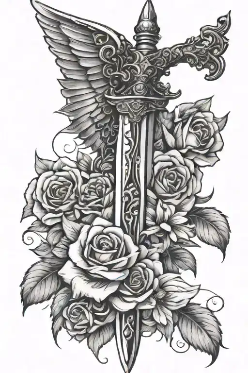 Girly Sword With A Heart handle,flowers and fairy wings  tattoo design idea