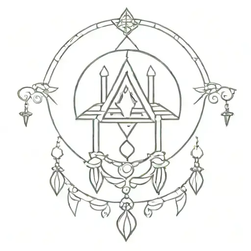 A minimalist tattoo with gothic chandelier elements intertwined with a hand of Hamsa, placed behind the ear tattoo design idea