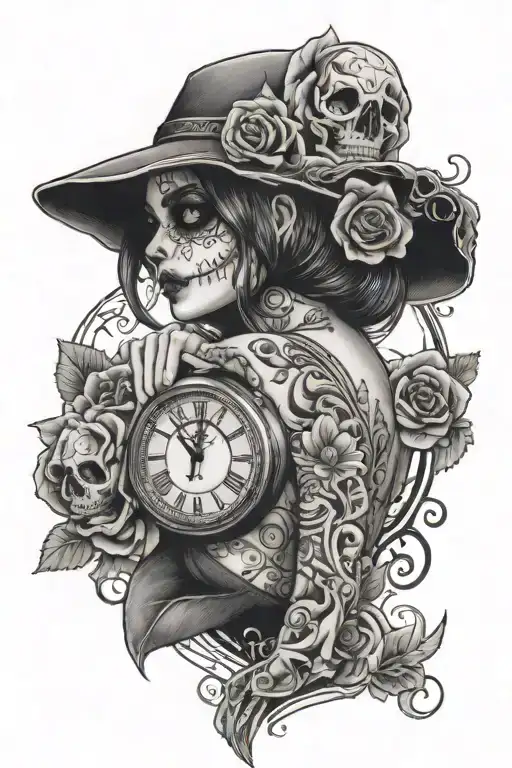 day of the dead girl with clock melting tattoo design idea