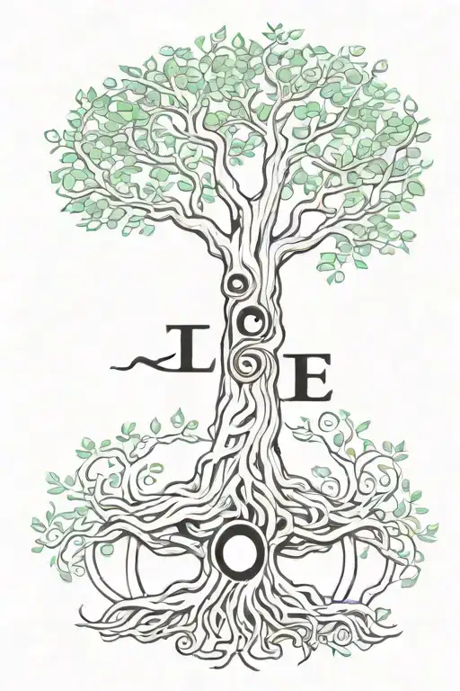 tree of life with writiing in branches that says nameless and a yingyang in the tree trunk tattoo design idea