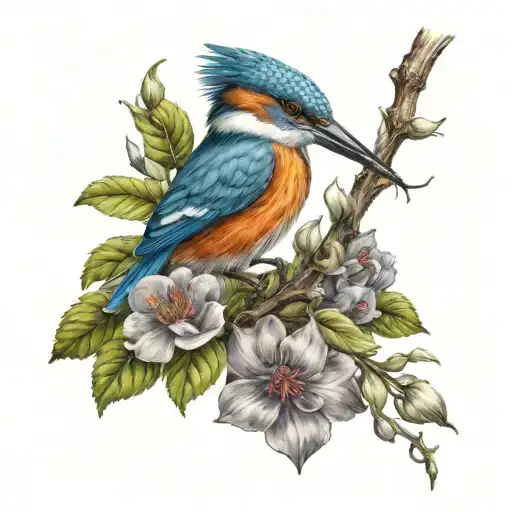 sleeve about gardening with kingfisher, robin and flowers tattoo design idea