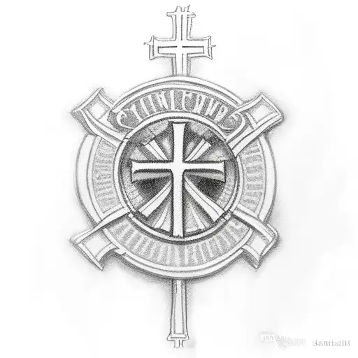 the Catholic Saint James cross with a banner wrapped around it with the quote "E Quindi Uscimmo a Riveder le Stelle" tattoo design idea