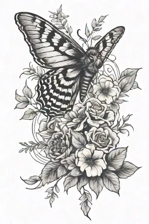 Floral or botanical upper arm sleeve, dark lines, cohesive, with a moth, detailed tattoo design idea