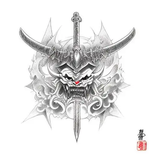Demonic sword with demon face tattoo design idea