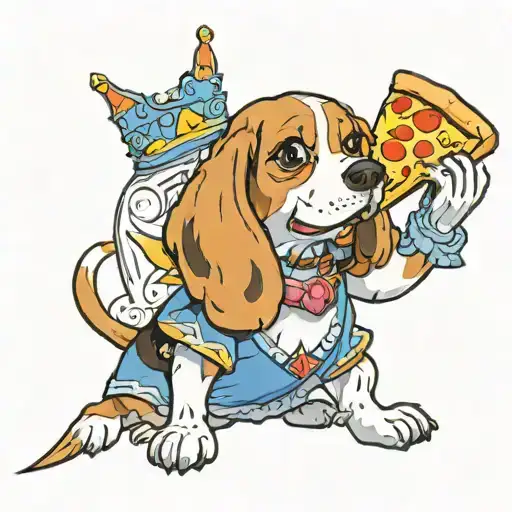 beagle princess eating a slice of pizza tattoo design idea