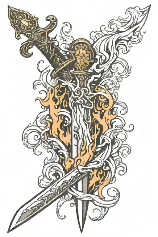 sword surrounded by flames left arm sleeve tattoo design idea