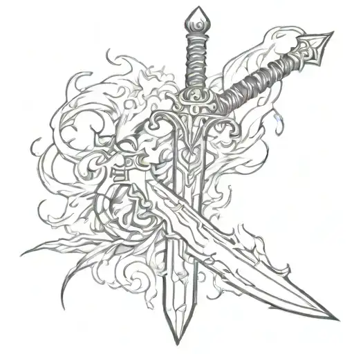 sword surrounded by flames left arm sleeve tattoo design idea