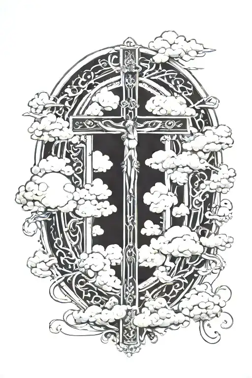 ROSARY, CROSS, CLOUDS, GREEK MYTHOLOGY, BIBLE VERSE tattoo design idea