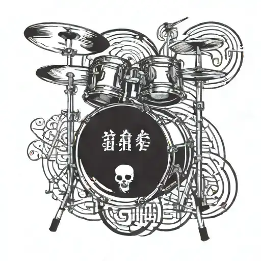 A tattoo design combining a drum set with Chinese calligraphy writing of a meaningful quote about music tattoo design idea