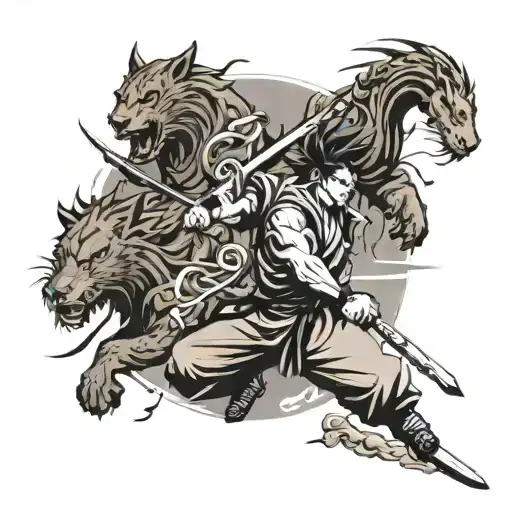 A fusion of anime characters wielding swords in a traditional Japanese calligraphy style, surrounded by wild animals, showcasing the client's diverse interests tattoo design idea