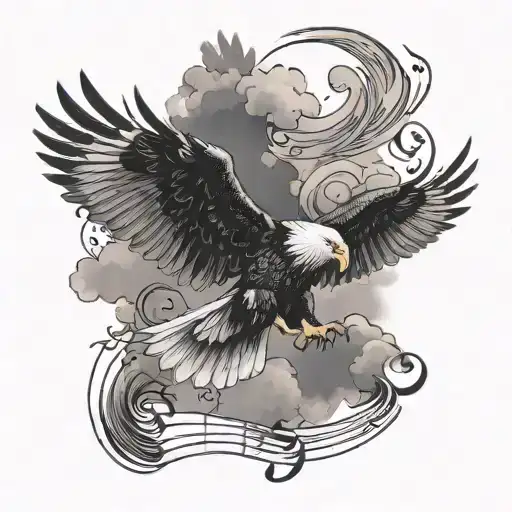 A tattoo of an eagle soaring through the clouds with a music note in its talons, symbolizing freedom and passion for music tattoo design idea