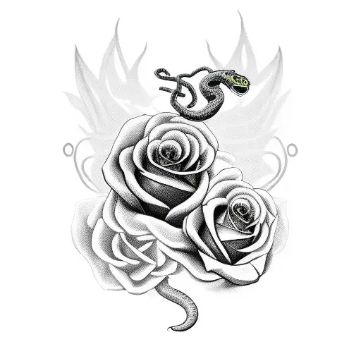 Snake around a dagger with roses behind tattoo design idea