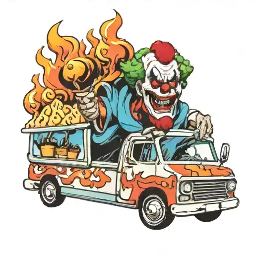 twisted metal clown head on fire driving ice cream truck tattoo design idea