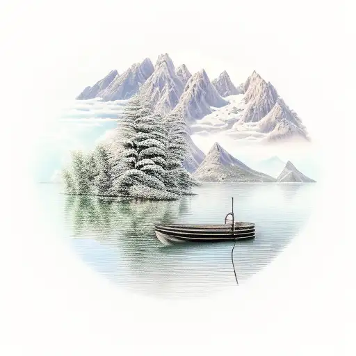 A realistic tattoo of a tranquil lakeside scene, with a boat gently floating on the water surrounded by lush greenery and mountains in the distance tattoo design idea