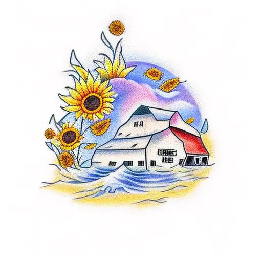 A traditional tattoo of a charming barn surrounded by vibrant sunflowers, with a winding river and a boat sailing in the background, capturing the client's love for the outdoors and boating tattoo design idea