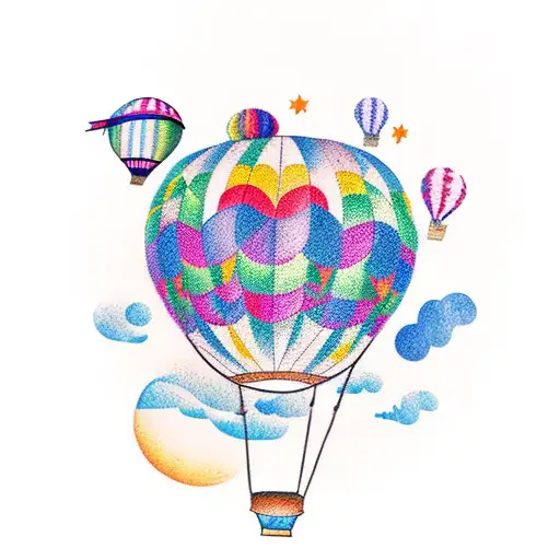 A whimsical tattoo design featuring a colorful hot air balloon made out of various crafting materials, soaring over a serene landscape with a barn and sunflowers in the background tattoo design idea