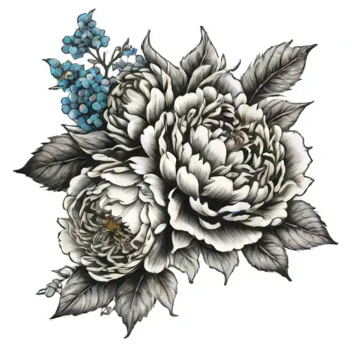peony flower, Holly flower and forget me not flowers bouquet  tattoo design idea